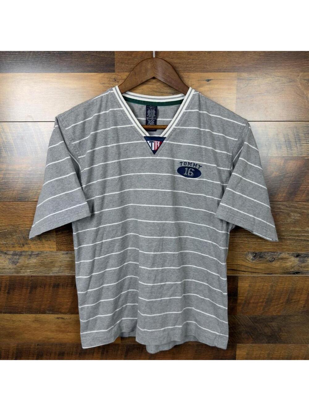 Vintage Tommy Hilfiger V Neck Striped Jersey T-Shirt Men’s Small